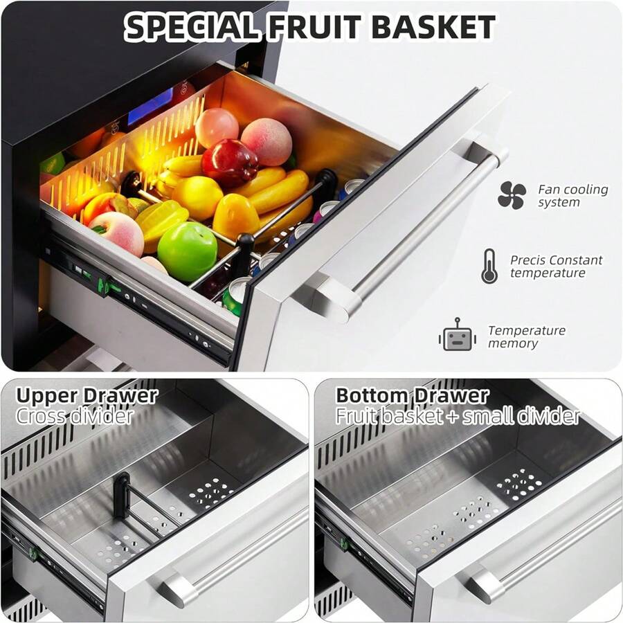 24" Outdoor Drawer Fridge, Counter Double Drawer Beverage Refrigerator