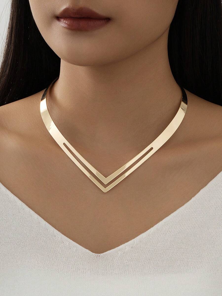 Fashionable Simple Metal Hollow Double-Layer V-Shaped Women Collar Necklace - Yellow Gold - View 1