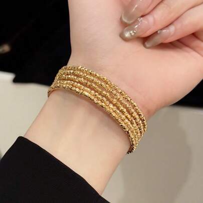 1pc Handmade Silver Beaded Triple/Five-Layer Open Design Bangle With 24K Gold-Plated Metal Sense, Lightweight Luxury Personalized Multilayer Bracelet, Versatile Women's Accessory