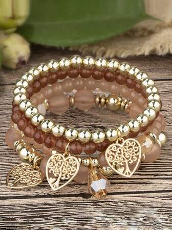 Set Of 4 Stylish And Exquisite Glass Beaded Romantic Heart & Life Tree Pendants Elastic Cord Bracelets, Women Valentine's Day Couple Gift