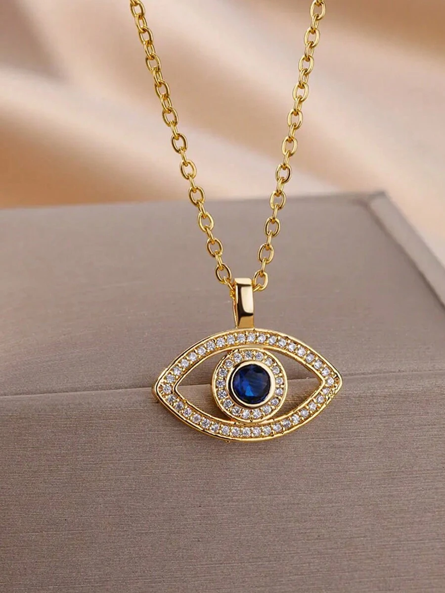 Colar com pingente de zircônia e mau-olhado, 1 peça, para mulheres, aço inoxidável, cor dourada, 2025, joia turca da sorte, presente estético