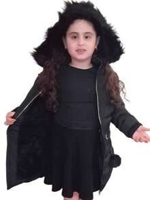 Jacket Long Plush Inner Jacket Detachable Hat Decorative Pompon For Girls Fashion - Black - View 2