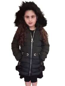 Jacket Long Plush Inner Jacket Detachable Hat Decorative Pompon For Girls Fashion - Black - View 3