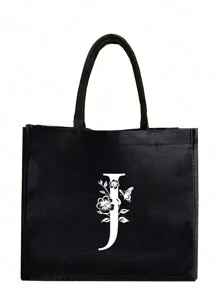 1PC Black Linen Handbag With White Flower Butterfly Letter Print Design,Simple And Elegant,Personalized Bridesmaid Wedding Gift Bag, Makeup Bag,Travel Simple Storage Bag,Solid Color Cosmetics Wallet,Large Capacity Travel Makeup Bag: The Perfect Match For Outdoor Beauties! Suitable For Weddings,Birthdays,Beaches,And Holidays - Black - View 30