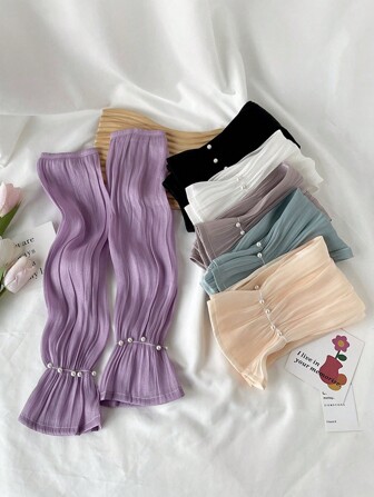 1對女式多色寬邊防曬冰絲袖套，珍珠點綴，夏季日常穿著和旅行裝扮的完美選擇