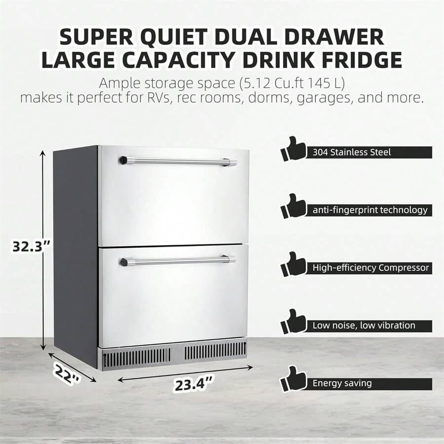 24" Outdoor Drawer Fridge, Counter Double Drawer Beverage Refrigerator