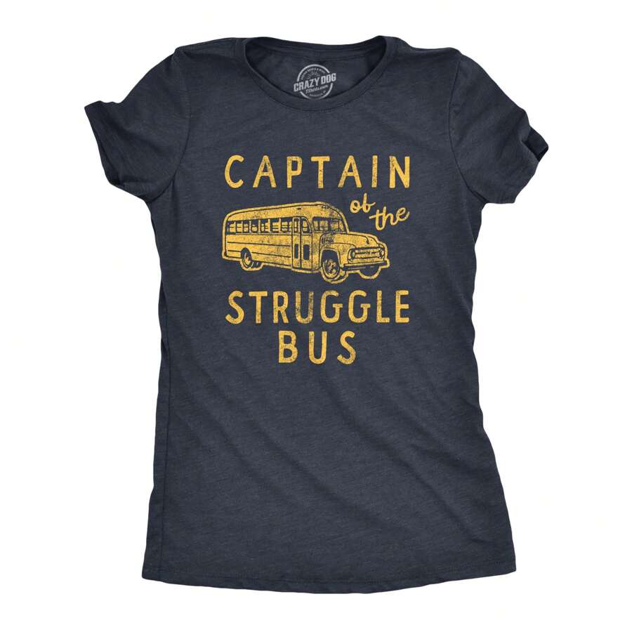 Womens Captain Of The Struggle Bus T Shirt Funny Sarcastic School Bus Graphic Novelty Tee For Ladies Funny Womens T Shirts Cute Vintage Fashion Casual - 希瑟海軍藍 - 查看 1