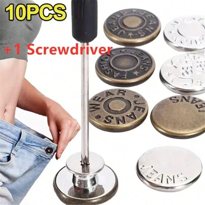 Adjustable Waist Vintage Metal Buttons 10pcs - No-Sew Zinc Alloy Buttons For Jeans/Jacket, Heavy Duty DIY Fashion Accessories & Workwear Decor