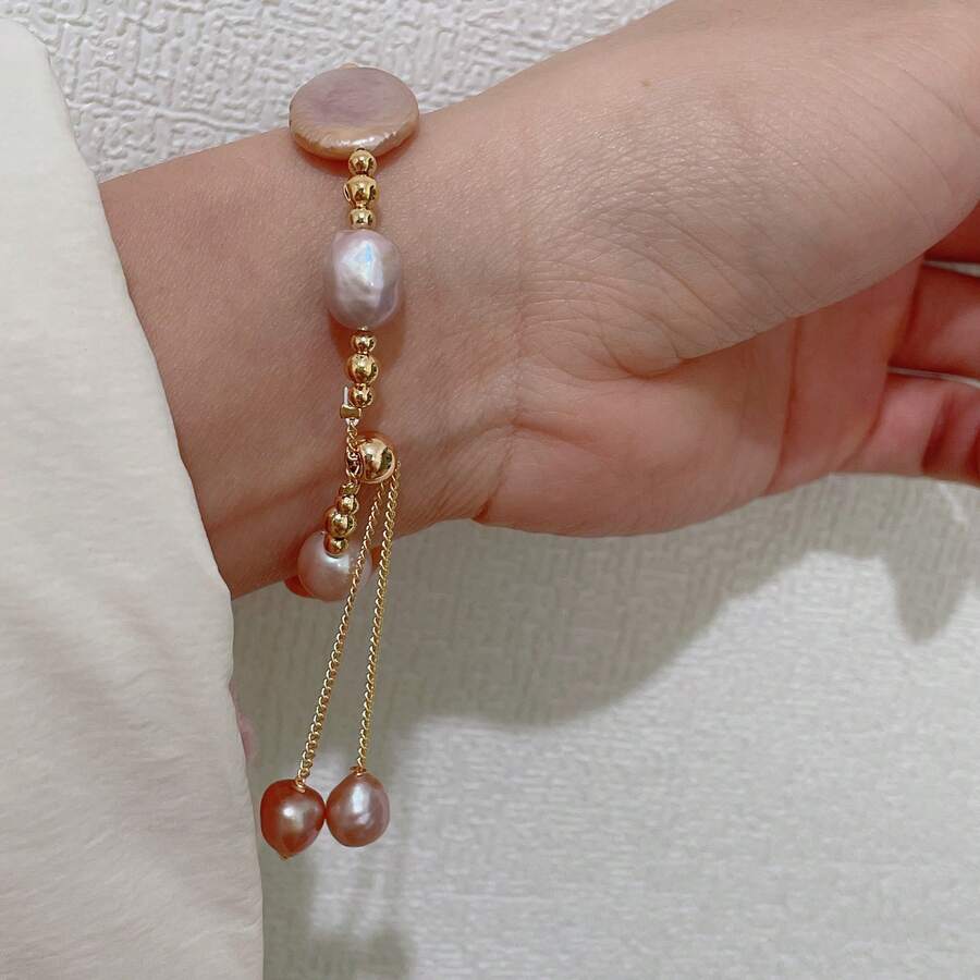 一條時尚自然淡水畸形珍珠手工手鍊，適合婚禮和日常佩戴 - 紫色 - 查看 1