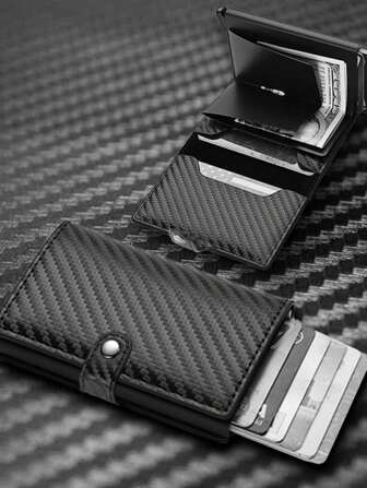 1pc Carbon Fiber Aluminum Alloy Credit Card Holder Wallet With Multiple Card Slots And Elastic Band Anti-Theft RFID Blocking Metal Card Protector, Suitable For Daily Use Large Capacity Multi-Card Slots,Business Casual Style,Birthday Gift,Graduation Gift,Father's Day Gift