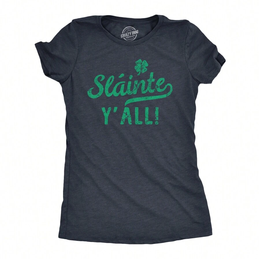 Womens Slainte Yall T Shirt Funny St Paddys Day Parade Good Health Toast Tee For Ladies Funny Womens T Shirts Cute Vintage Fashion Casual Ladies T-Shirt Gift - 希瑟海軍藍 - 查看 1