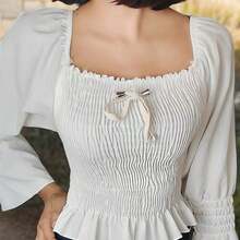Plain Long Sleeve Peasant Blouse - White - View 4