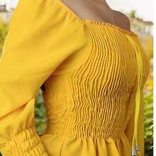 Plain Long Sleeve Peasant Blouse - Yellow - View 2