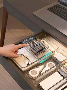 1个/4个/5个/6个装极简桌面抽屉收纳盒，带分隔板，适合收纳宿舍文具和日常用品，透明可堆叠收纳盒，多种尺寸可选，实用桌面整理盒 - 透明 - 查看 12