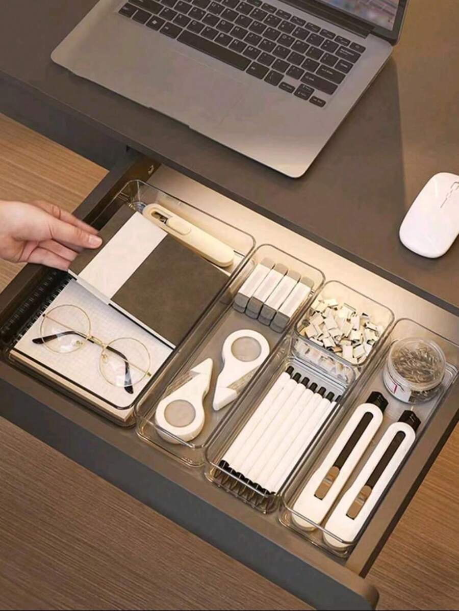 1个/4个/5个/6个装极简桌面抽屉收纳盒，带分隔板，适合收纳宿舍文具和日常用品，透明可堆叠收纳盒，多种尺寸可选，实用桌面整理盒