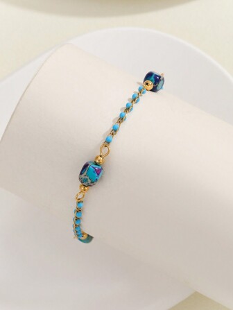 1pc Fashion New Boho Style Blue Stone Charms Stainless Steel Bracelet Jewelry Gift For Women Girl