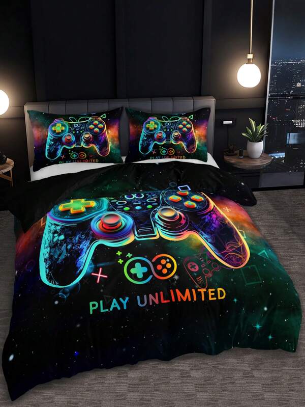 3pcs/Set Cartoon Game Controller & Letter Printed Bedding Set (1 Duvet Cover Without Comforter, 2 Pillowcases Without Pillow Core), For Home Dorm High Definition Printing