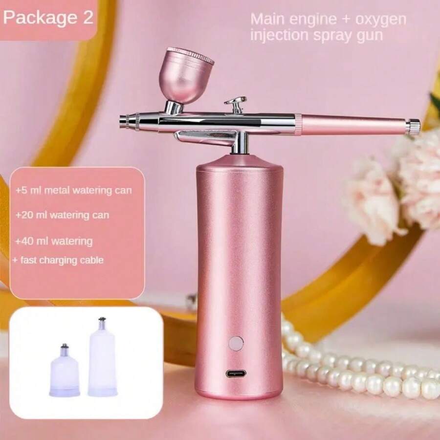 Multi-Functional Electric Manicure Spray Gun Handheld Oxygen Injector High-Pressure Essence Infusion Moisturizing Sprayer, Specialized In Gradient Coloring For Crafts With Air Pump - Pink - View 1