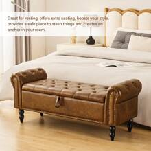 Fumahaus 52"Brown Storage Bench With Nailhead Trims Modern Faux Leather Upholstered End Of Bed Bench With Rolled Arms Luxurious Button Tufted Entryway Bench With Wood Legs Flared Ottoman Bench For Corridor Bedroom Living Room Hallway Room Decor - PU Leather- Brown - View 6