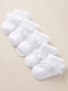 5 pares de calcetines para lactantes y niños pequeños con ribete de encaje blanco, calcetines de princesa, diseño de malla ligeros y transpirables con cuello vuelto, ideales para uso diario