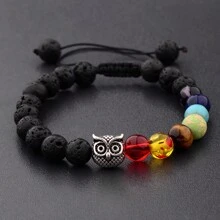 Pulsera ajustable para hombres y mujeres con 7 chakras, búho con cuentas de piedra volcánica natural de lava y joyería de pulsera - búho - Ver 2