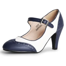 Women Mary Jane Pumps – Round Toe Retro Low Kitten Heels With Ankle Strap & Memory Foam Insole, Vintage 1950s Cone Heel Dress Shoes For Weddings, Bridesmaids, Date Night, Parties & Business Casual [Size Up Half Size] - 海軍藍奶油色 PU - 查看 2
