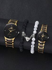Couple Stainless Steel Strap Fashionable Simple Diamond-Studded Dial Quartz Watches + Heart Beaded Bracelet Set (4pcs/Set) As A Gift For Students Returning To School - Black - View 1