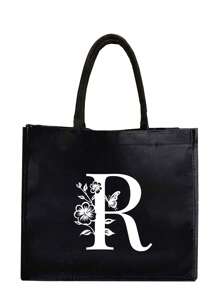 1PC Black Linen Handbag With White Flower Butterfly Letter Print Design,Simple And Elegant,Personalized Bridesmaid Wedding Gift Bag, Makeup Bag,Travel Simple Storage Bag,Solid Color Cosmetics Wallet,Large Capacity Travel Makeup Bag: The Perfect Match For Outdoor Beauties! Suitable For Weddings,Birthdays,Beaches,And Holidays - Black - View 21