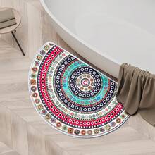 Half Round Door Mat,Semi Circle Bathroom Floor Rug,Mandala Boho Bohemian Colorful Flower Non-Slip Welcome Entrance Way Absorbent Bath Mat,Microfiber Tufted Indoor Rug For Kitchen Living Room - Red and White - View 3
