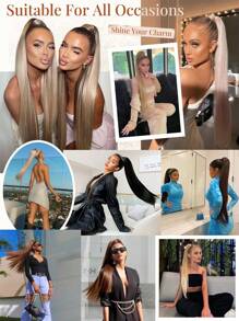 Extensions de queue de cheval 26 pouces 150g/paquet Perruque longue droite synthétique Pièces à clip en queue de cheval pour femmes Extensions de cheveux en fibre résistante à haute température (Blond)