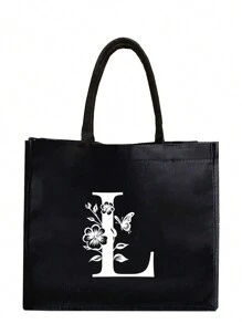 1PC Black Linen Handbag With White Flower Butterfly Letter Print Design,Simple And Elegant,Personalized Bridesmaid Wedding Gift Bag, Makeup Bag,Travel Simple Storage Bag,Solid Color Cosmetics Wallet,Large Capacity Travel Makeup Bag: The Perfect Match For Outdoor Beauties! Suitable For Weddings,Birthdays,Beaches,And Holidays - Black - View 16