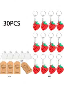 Llaveros con forma de fresa como recuerdos para invitados de fiesta de cumpleaños, bolsas blancas de regalo, etiquetas de agradecimiento, recuerdos con tema de frutas para fiestas, Navidad