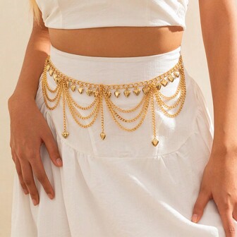 1pc Women Gold Sexy Chain Tassel Heart Bead Pendant Waist Chain, Fashion Metal Body Chain Suitable For Four Seasons Halloween Valentine's Day Summer, School