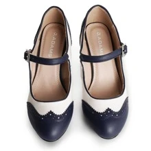 Women Mary Jane Pumps – Round Toe Retro Low Kitten Heels With Ankle Strap & Memory Foam Insole, Vintage 1950s Cone Heel Dress Shoes For Weddings, Bridesmaids, Date Night, Parties & Business Casual [Size Up Half Size] - 海軍藍奶油色 PU - 查看 3