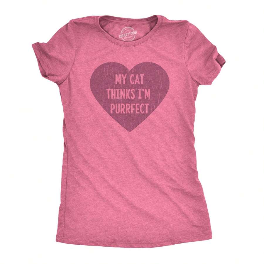 Womens My Cat Thinks I'm Purrfect T Shirt Funny Kitty Valentine Tee Funny Womens T Shirts Cute Vintage Fashion Casual Ladies T-Shirt Gift - 石楠粉紅 - 查看 1