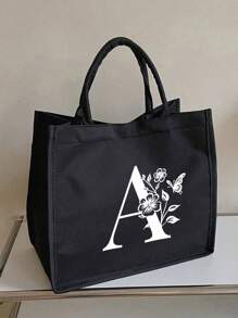 1PC Black Linen Handbag With White Flower Butterfly Letter Print Design,Simple And Elegant,Personalized Bridesmaid Wedding Gift Bag, Makeup Bag,Travel Simple Storage Bag,Solid Color Cosmetics Wallet,Large Capacity Travel Makeup Bag: The Perfect Match For Outdoor Beauties! Suitable For Weddings,Birthdays,Beaches,And Holidays - Black - View 6