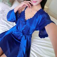 Bata Túnica de Pijama de Satin Elegante  BARBYHOME - Azul - Ver 2