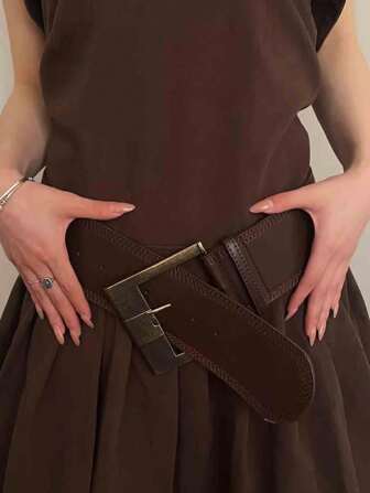 1 Cintura in PU marrone da donna in stile retrò con fibbia larga, per evidenziare la vita e snellire la figura, elegante per Ognissanti, estate, scuola, autunno, Ognissanti