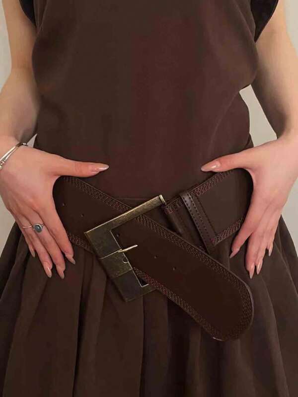 One Women Brown PU Material Wide Buckle Retro Style Waist Belt To Highlight Your Waist And Slim Your Body Elegant Halloween Summer, School