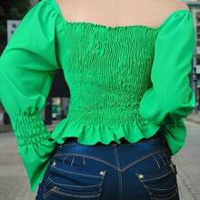 Plain Long Sleeve Peasant Blouse - Green - View 4