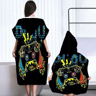 Ultra-Fine Fiber 250GSM Parent- Hooded Bath Towel, Creative Gamepad Print Series, Hooded Bathrobe Cape, Absorbent, Quick-Drying, Indoor And Outdoor Wearable Bath Towel, Can Be Given As A Gift, 1pc Summer Wedding Home Bathroom Decor Beach Wear Back To School