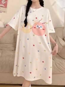 Women's Summer Sleeveless Nightgown - Cartoon Cute Style, Digital Printing, Polyester, Fitted Dropped Shoulder Pajama, Moo Moo Sleep Dress