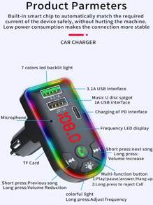 Lecteur MP3 de voiture Bluetooth F7, récepteur Bluetooth, chargeur de voiture avec double USB, éclairage d'ambiance