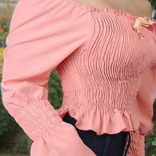 Plain Long Sleeve Peasant Blouse - Baby Pink - View 3