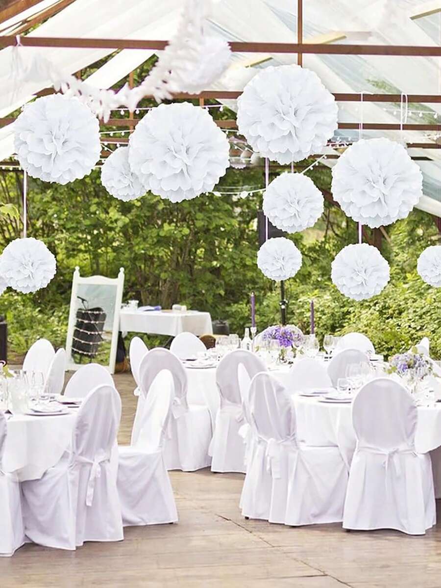 10pcs/Set White Tissue Paper Pom Poms, Hanging Paper Flower Balls For