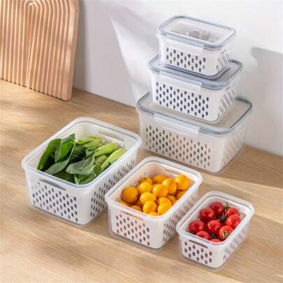 1/3pcs Refrigerator Storage Bins, Fridge Food Storage Container With Lid, Stackable Container With Detachable Drain Basket, Fresh Keeper Holder For Vegetable Fruit Berry Salad Lettuce, Food Storage And Draining Containers, Home Kitchen Utensil Christmas Gift