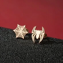 1 Pair Stainless Steel Mini Spider & Spider Web Earrings, Cute Earrings, Unisex Accessory - Black - View 9