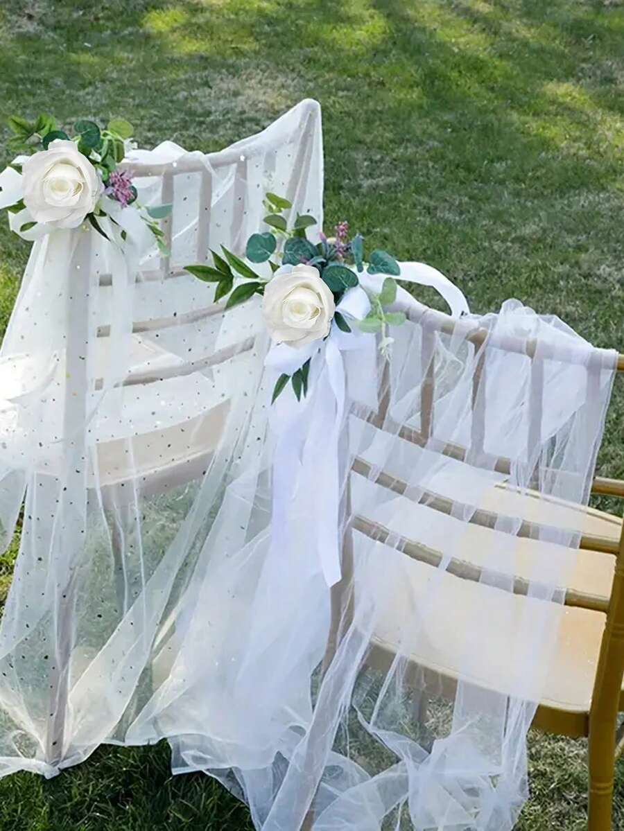 1pc Simulation Rose Chair Back Flower Decoration For Wedding Seat Backrest, Artificial Rose Flower Ribbon Wedding Chair Back Decoration Flower - White - View 1