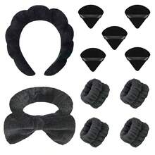 11 chiếc Băng đô có hình chi tiết nơ + Khăn & Băng đô xoắn, Bộ phụ kiện tóc phù hợp cho nữ với vòng tay chống trượt & thấm nước - màu đen - Xem 1