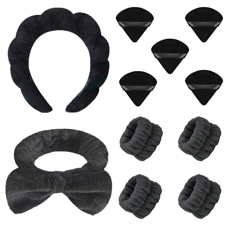 11 chiếc Băng đô có hình chi tiết nơ + Khăn & Băng đô xoắn, Bộ phụ kiện tóc phù hợp cho nữ với vòng tay chống trượt & thấm nước - màu đen - Xem 1